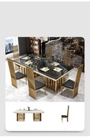 Ensemble de table à manger moderne de luxe en marbre avec pieds en acier inoxydable, structure métallique, design convertible, 8 chaises