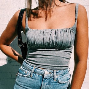 Débardeur plissé en satin pour femme, couleur unie, dos nu, sans manches, camisole, haut tendance été automne, kaki, gris, orange, blanc personnalisé - Product Image 3