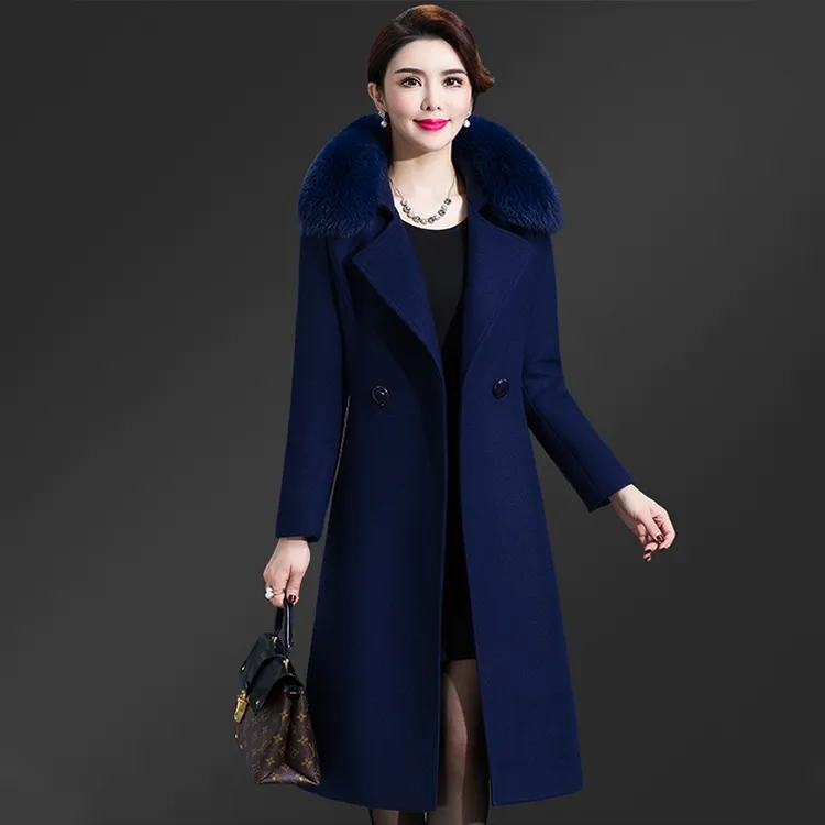 מכירה ישירה במפעל מעיל צמר נשים באיכות גבוהה צווארון פרווה נשים מעיל צמר שחור ארוך