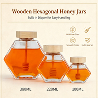 Pot à miel hexagonal en verre personnalisé avec couvercle en bois et cuillère à miel, récipient transparent pour miel 100ml 220ml 380ml
