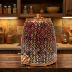 Distributeur d'eau en acier inoxydable avec motif rouge et doré, fonctionnement manuel, chargement par le haut, usage domestique - Product Image 5