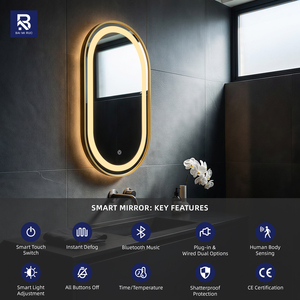 <span class=keywords><strong>Miroir</strong></span> <span class=keywords><strong>de</strong></span> <span class=keywords><strong>salle</strong></span> <span class=keywords><strong>de</strong></span> <span class=keywords><strong>bain</strong></span> ovale à LED avec cadre doré brossé, rétroéclairé, anti-buée, à intensité variable par toucher, pour projets hôteliers, CE IP44, vente en gros personnalisée - Product Image 2