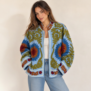 Veste Suzani en cuir écologique respirant brodée à la main à double couche pour femmes, motif floral, tissu tissé, col mandarin - Product Image 1