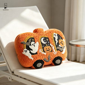 Cojín de poliéster con forma de autobús de calabazas de Halloween, con <span class=keywords><strong>fantasmas</strong></span>, murciélagos y calabazas de Jack O' Lantern bordados, diseño 3D, cojín decorativo espeluznante - Product Image 6