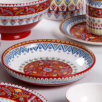 Omk Creative 2025 Nouvelle assiette plate en céramique peinte en rouge pour la maison, assiette à soupe, bol à riz, style moyen-oriental, assiette à dîner pour les fêtes