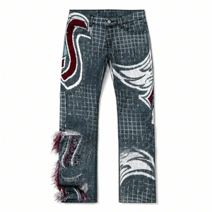 WangSheng Jeans de mezclilla para hombre con estampado de rejilla, bordado de llamas abstractas, dobladillo deshilachado, pierna recta, estilo Y2K Punk Streetwear Grunge Mid - Product Image 1