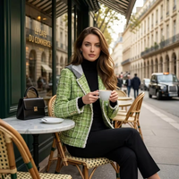 Veste en tweed luxueuse pour femme, vert citron, simple boutonnage, à carreaux, en bouclé, col rond, avec franges, manteau de printemps