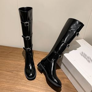 Wholesale Glossy Black Women's Knee Boots Handmade Cowhide Fleece Lining 3cm Square Heel Zip Buckle Front Boots for Winter - Product Image 3