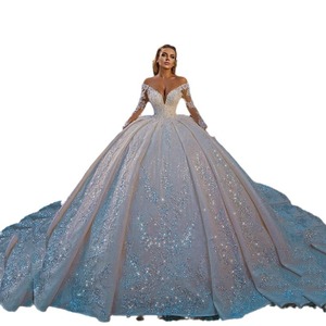 Robes de mariée de luxe en cristaux, style princesse, 2025, épaules dénudées, manches longues, perles brillantes, paillettes, dentelle, robe de bal de mariée - Product Image 5