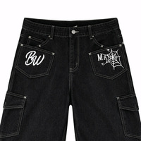 Pantalones Cortos de Mezclilla Holgados 100% Algodón con Logotipo Personalizado para Hombre, Estilo Vintage Desgastado con Estampado de Telaraña