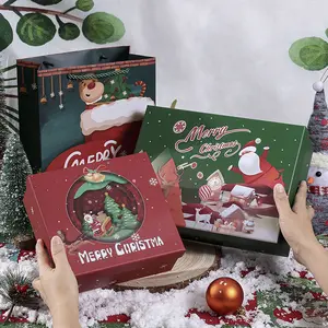 Christmas Paper Gift Box Luxury Eco Friendly Packaging Lid and Base Box Set Xmas Cardboard Gift Boxes with Ribbon