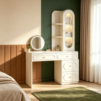 Coiffeuse moderne en MDF blanc avec miroir éclairé et meuble de rangement pour chambre et appartement