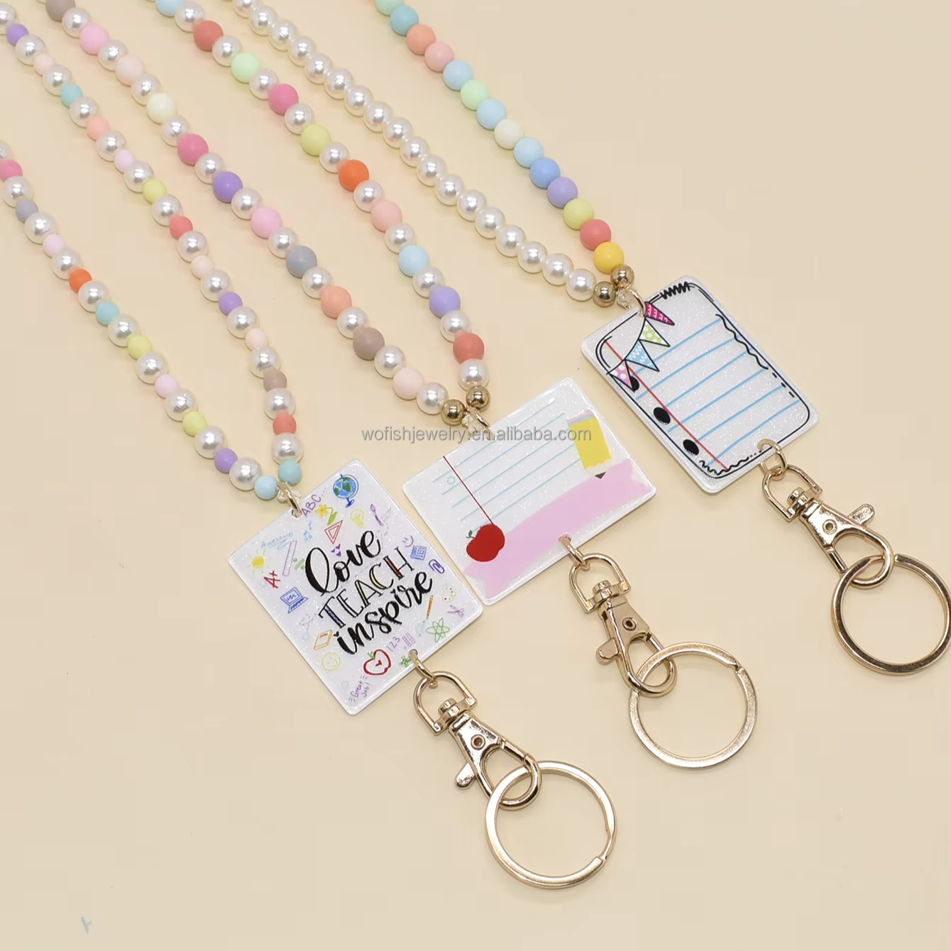 New Designs Wholesale Silicone Beads Monogrammed Wooden Disc Tassel Lanyard Keychain Pendant Necklace Lanyards Image 2