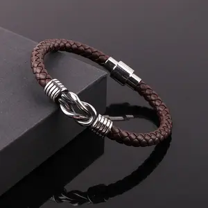 High Quality New Design Vintage Stainless Steel Infinity Charm Genuine Leather Bracelet For Men JBS12490