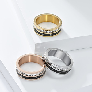 แหวนแฟชั่นผู้ชาย แหวนหมุนได้ ประดับเพชรเต็มวง ตัวเลขโรมัน วัสดุเหล็ก ชุบทองคำ ชุบทองคำชมพู ฝังเพชรแบบ Pave ของขวัญ เครื่องประดับ - Product Image 1