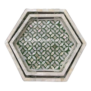 Plateau en bois flexible fait à la main avec incrustation de nacre, style bohème - Ramadan Eid Mubarak, plateau de service de luxe pour boissons et dattes - Product Image 5