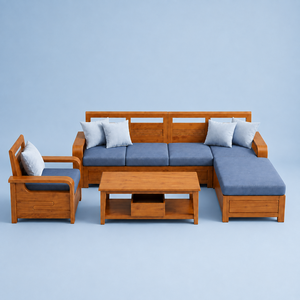Ensemble de canapé d'angle contemporain en bois de noyer avec coussins bleus rembourrés et fauteuil assorti pour les intérieurs modernes - Product Image 3