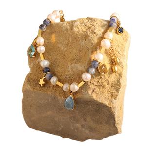 Vintage French Beaded Necklace With Natural Stone Freshwater Pearl Glass Crystal <b>Titanium</b> Copper-Stainless Steel Clavicle <b>Chain</b> - Product Image 1