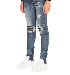 LILUO 2024 New arrival personalized blue wash denim destroy ripped patch fabric skinny fit men jeans