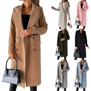 Women's Long Coat Notched Lapel Collar Double Breasted Pea Coat Winter Elegant Wool Blend Over Coats Jackets