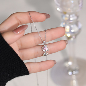 Collier en argent sterling S925 avec zircon rose en forme de tulipe pour femme, chaîne de clavicule, ambiance délicate, bijou en argent de luxe léger, cadeau - Product Image 5
