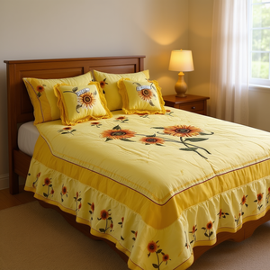 <b>Sunflowers</b> Queen Size Quilt With 2 Pillows <b>Embroidered</b> Classic Bedding Home All Season - Product Image 2