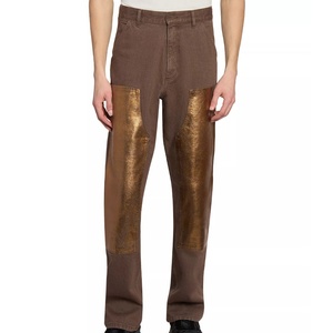 Jeans dorés en coton à effet délavé avec paillettes pour hommes <span class=keywords><strong>Pantalon</strong></span> décontracté d'extérieur à jambe droite avec effet enduit de papier d'aluminium à double genou - Product Image 3