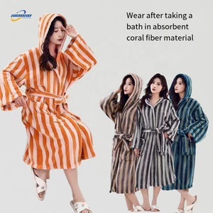 Retro Knee Length Dressing Gown Wholesale Knee Length Bath Robes Hooded <strong>Green</strong> Stripe Winter Home Good Absorption <strong>Bathrobe</strong> - Product Image 3