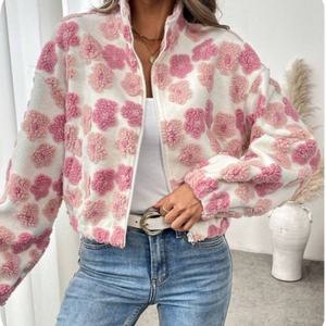 Chaqueta de Forro Polar de Alta Calidad para Mujer, para Invierno, Mangas Largas y Cuello Alto, Patrón Floral Jacquard, Venta al Por Mayor - Product Image 3