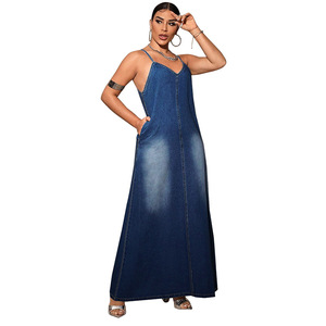 Maxi abito Casual da <span class=keywords><strong>donna</strong></span> <span class=keywords><strong>in</strong></span> Denim taglie forti 1XL 5XL nuovo Design a bretelle lunghe con bretelle <span class=keywords><strong>in</strong></span> <span class=keywords><strong>jeans</strong></span> semplice Silhouette dritta - Product Image 5