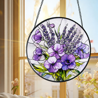 Buket Bunga Lavender Ungu Pansy Art Deco Kaca Patri Suncatcher Hiasan Gantung Jendela Kaca Floral Natal Ulang Tahun