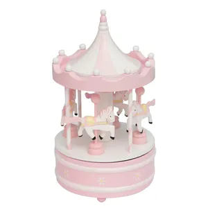 Vintage Pink Wooden Merry-Go-Round Horse Christmas Birthday Gift Carousel Music Box