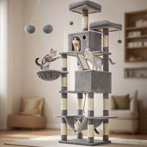 Eco-vriendelijke multifunctionele kattenboom met hangmat, krabpalen en zitstokken voor katten om te klimmen, rusten en te spelen - Product Image 3