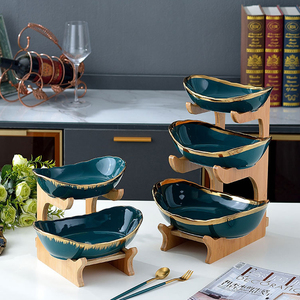 European Style Dried Fruit <strong>Tray</strong> 3 Tier <strong>Candy</strong> Dessert Serving Plate High Ceramic Dried Fruit Plate With Wooden Stand - Product Image 2