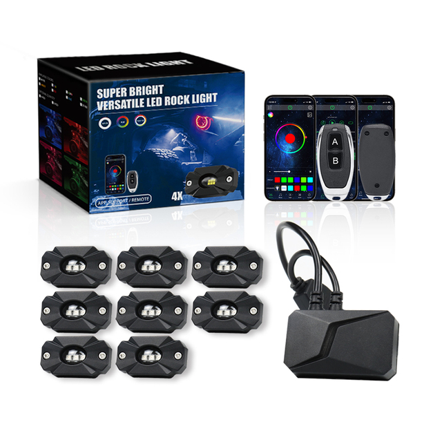 LANSEKO Super Power 8 Pods LED Rock Lights RGB With White Amber Blue APP Remote Control for All Truck Jeep Trucks UTV ATV Lights