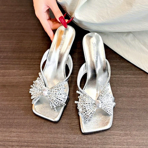 Women Square Toe Thong Slide Mules Rhinestone Tassel Decor Flared <b>Heel</b> Slip On Summer Sandals - Product Image 3
