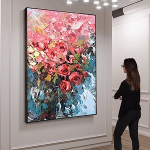 Peinture à l'huile peinte à la main, rose, murale, cadre métallique, style impressionnisme, art décoratif pour salon, décoration murale - Product Image 1