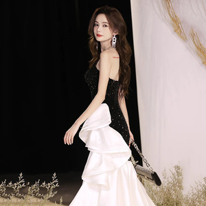 Black Asymmetrical Strapless Evening Gown With Sequins And Ruffle Skirt For Banquet Hostess Dress - Product Image 4