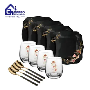 China factory direct sale tableware home dinnerware tempered black opal glass plate cup spoon set 12pcs royal dinner set