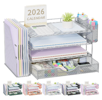 Organizador de Archivos de Escritorio de 4 Niveles con Cajón y 2 Portaplumas, Accesorios de Oficina, Organizador de Archivos, Organizador de Espacio de Trabajo, Gris