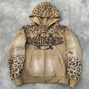 High Quality Leopard Print Zipper Hoodie Distressed Zip Jacket Oversized French Terry Cotton Custom Acid Wash Zip up Hoodie - Product Image 1