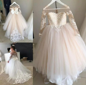 Morili Puffy big size appliqued lace ball gown Sheer Neck maniche lunghe Appliques kids wedding flower girl dresses MFA295 - Product Image 5
