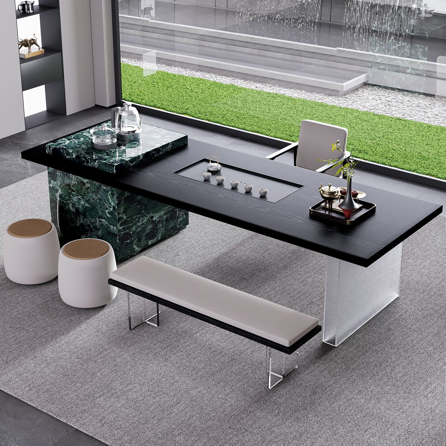 Style 1-22m table à thé-chaise d'écoliers-banc-2 tabourets rembourrés-