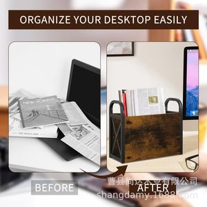 <b>Desktop</b> storage box, <b>desktop</b> vinyl record holder, multi-layer iron and wood combination <b>shelf</b>, magazine and photo album storage - Product Image 5