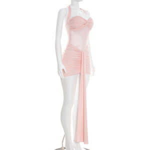 Viviblook D26DS054 Vestidos de Verano para Mujer, Nuevo Vestido Mini de Fiesta con Cuello Halter, Diseño Casual de Color Sólido con Malla y Lazos - Product Image 5