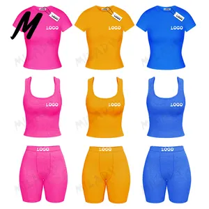 Bodycon - Conjunto de 2 peças de roupas femininas com estampa personalizada, blusa de primavera com nervuras para fitness, blusa com regata e shorts, ideal para mulheres