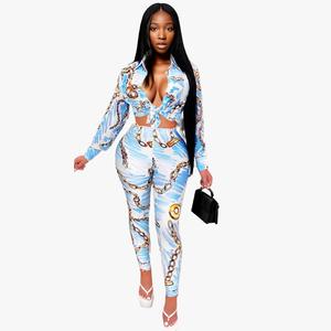 New Arrival Long Sleeve Shirt Print Slim Two Piece <b>Pants</b> Set Women Fashion - Product Image 4
