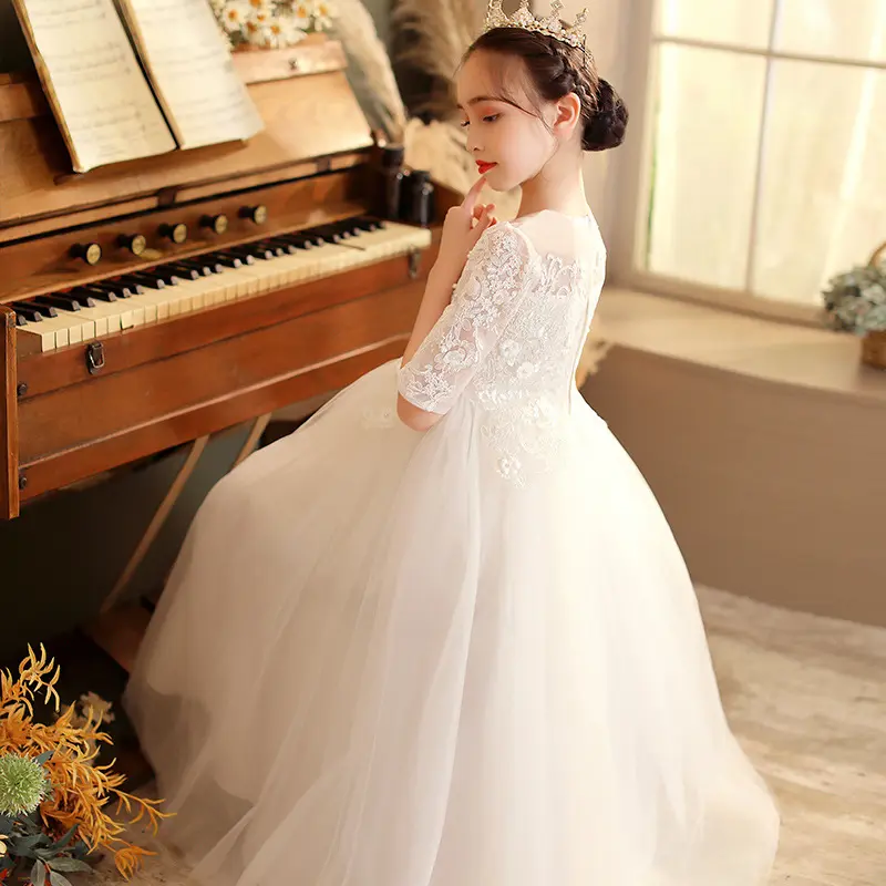 Elegant autumn white maxi dress baby girl wedding dress decorative handmade flowers for dresses