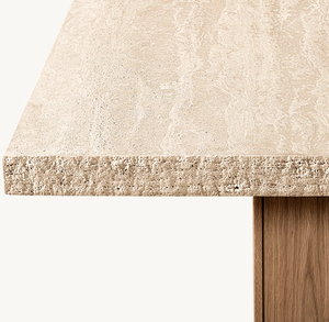 Mesa de comedor rectangular de madera de roble con cubierta de travertino y borde chisleado, mueble de piedra para proyectos hoteleros de alta gama - Product Image 4