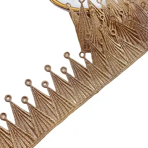 Cortina de renda metálica dourada bordada em poliéster 6cm, solúvel em água, guarnição de renda triangular bordada, guarnição decorativa DIY